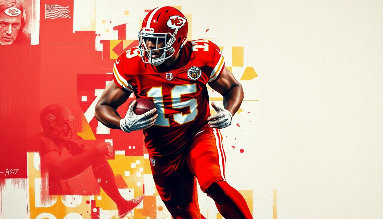 A cubist, geometric painting depicting a football player in motion, with sharp, overlapping planes in the Chiefs