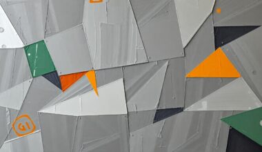 A fragmented, geometric painting depicting an abstract football defensive line formation, with sharp planes of muted colors representing the physicality and power of the Tampa Bay Buccaneers