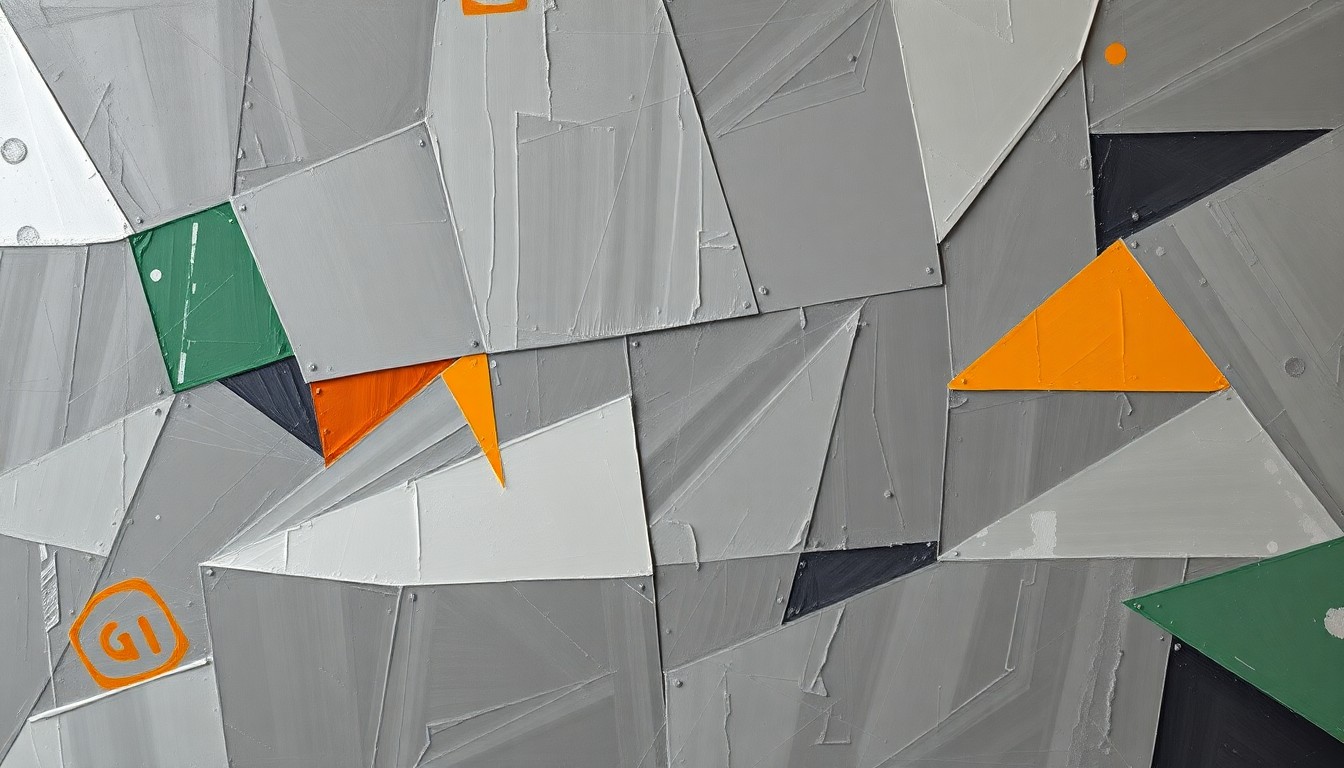 A fragmented, geometric painting depicting an abstract football defensive line formation, with sharp planes of muted colors representing the physicality and power of the Tampa Bay Buccaneers