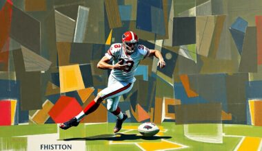 A fragmented, cubist-style painting depicting a football player in motion, with sharp geometric shapes and planes of color representing the complex nature of evaluating off-field allegations.