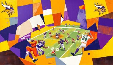 A cubist, geometric painting depicting a fragmented football game, with sharp, overlapping planes of purple, gold, and white colors representing the Minnesota Vikings.
