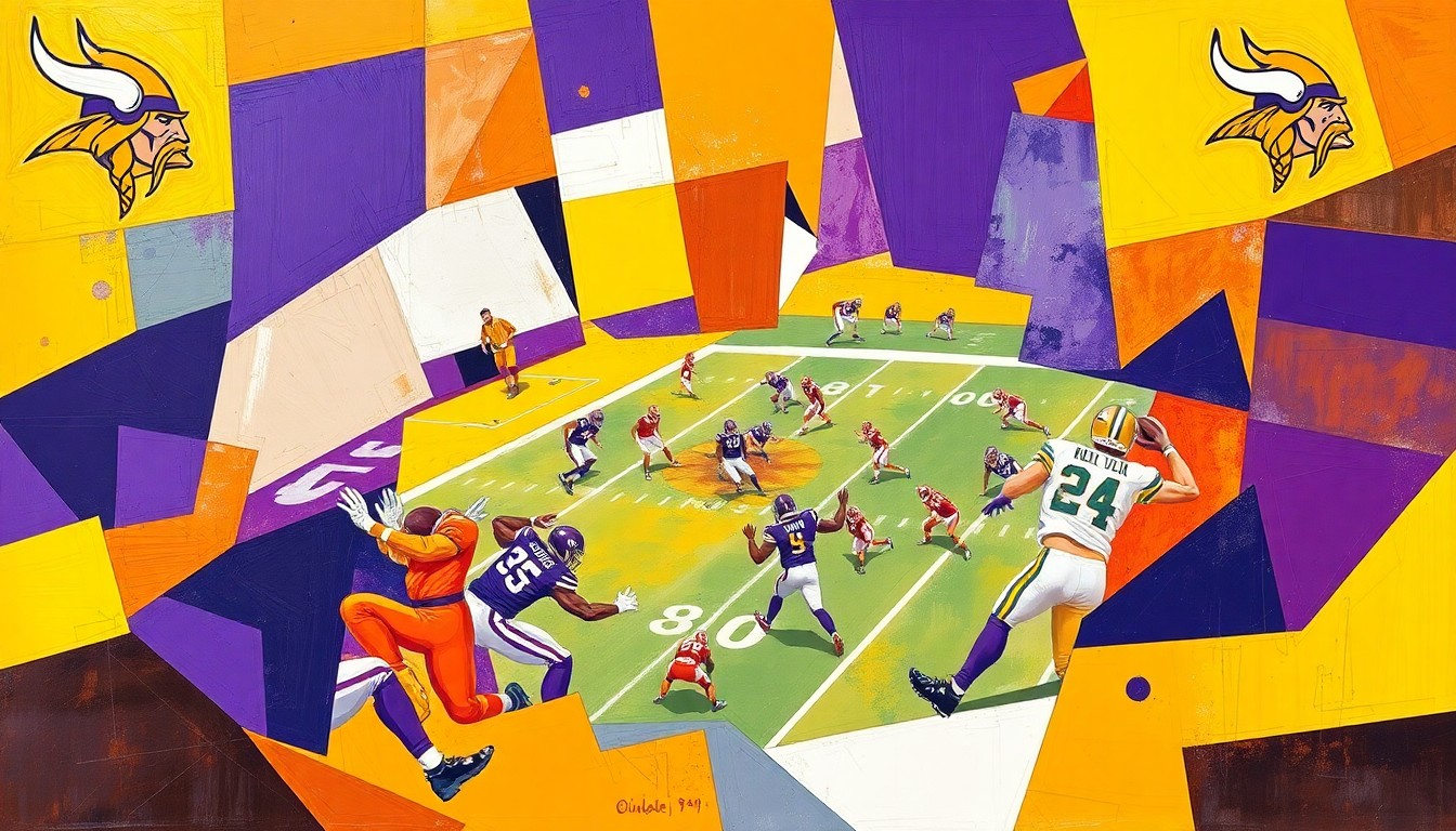 A cubist, geometric painting depicting a fragmented football game, with sharp, overlapping planes of purple, gold, and white colors representing the Minnesota Vikings.