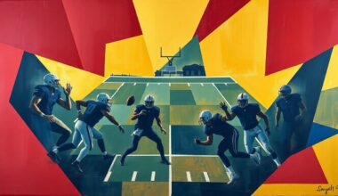 A cubist, geometric painting depicting fragmented and overlapping shapes in burgundy, gold, and navy blue, conceptually representing the strategic planning and preparation of an NFL team
