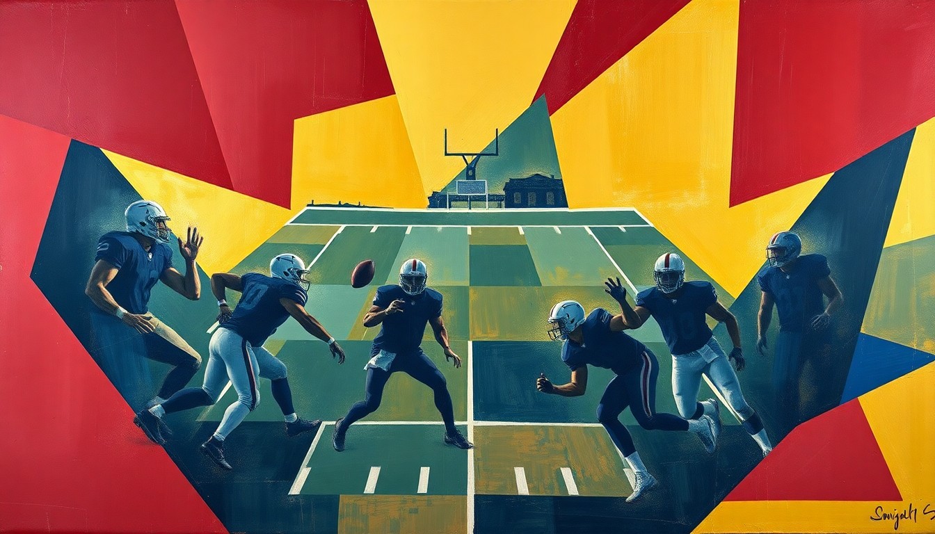 A cubist, geometric painting depicting fragmented and overlapping shapes in burgundy, gold, and navy blue, conceptually representing the strategic planning and preparation of an NFL team