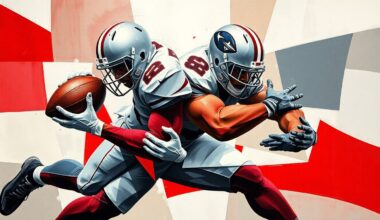 A cubist, geometric painting depicting a defensive lineman making a tackle, with sharp, overlapping planes of pewter, red, and gray colors creating a fragmented, multi-dimensional visual representation of the action.
