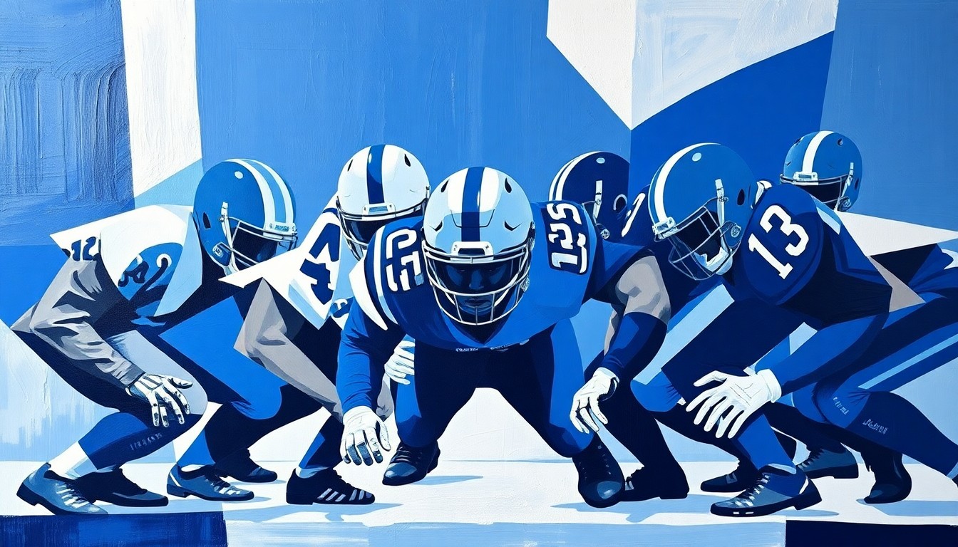 A fragmented, geometric painting depicting the Buffalo Bills