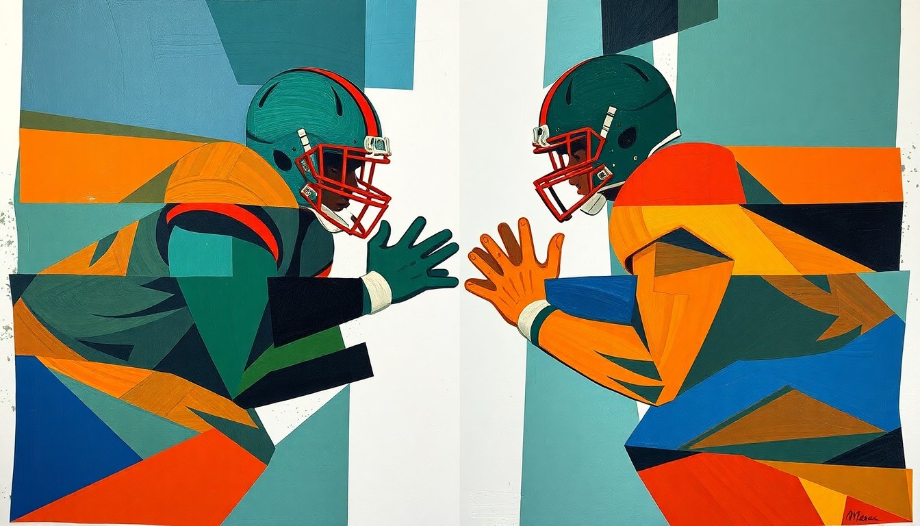 A fragmented, geometric painting depicting an offensive lineman