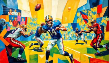 A cubist, geometric painting depicting a football player in motion, with sharp, overlapping planes of color representing the dynamic energy of the sport.
