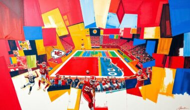 A cubist, geometric painting featuring sharp, overlapping planes of red, gold, and blue colors, conceptually representing the strategic complexity and dynamic energy of a Kansas City Chiefs football game.