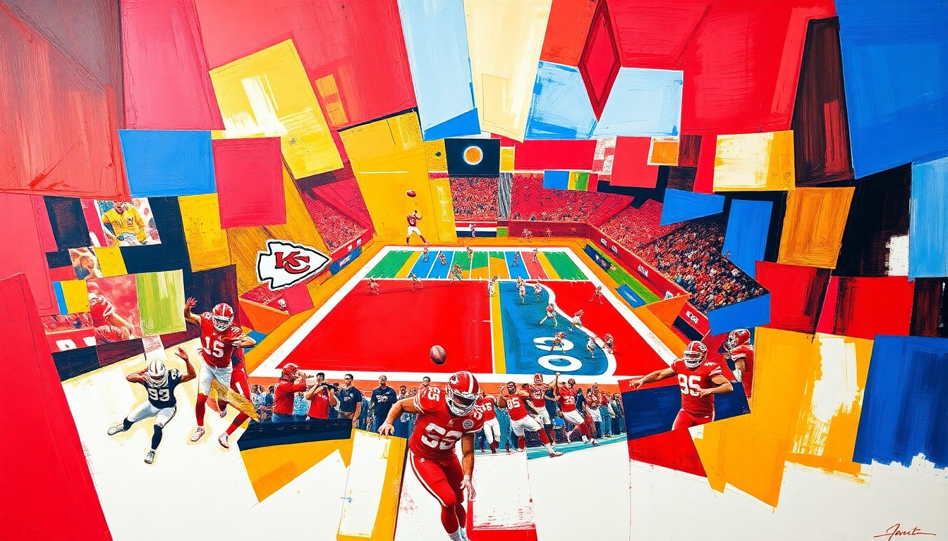 A cubist, geometric painting featuring sharp, overlapping planes of red, gold, and blue colors, conceptually representing the strategic complexity and dynamic energy of a Kansas City Chiefs football game.