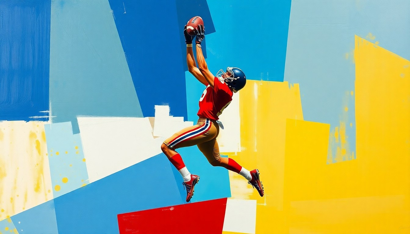 A fractured, geometric painting depicting a football player in mid-air making a catch, with sharp planes of color and overlapping perspectives conveying the dynamic energy of the sport.