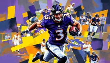 A cubist, geometric painting depicting a football player in motion, broken down into overlapping planes of purple, black, and gold.