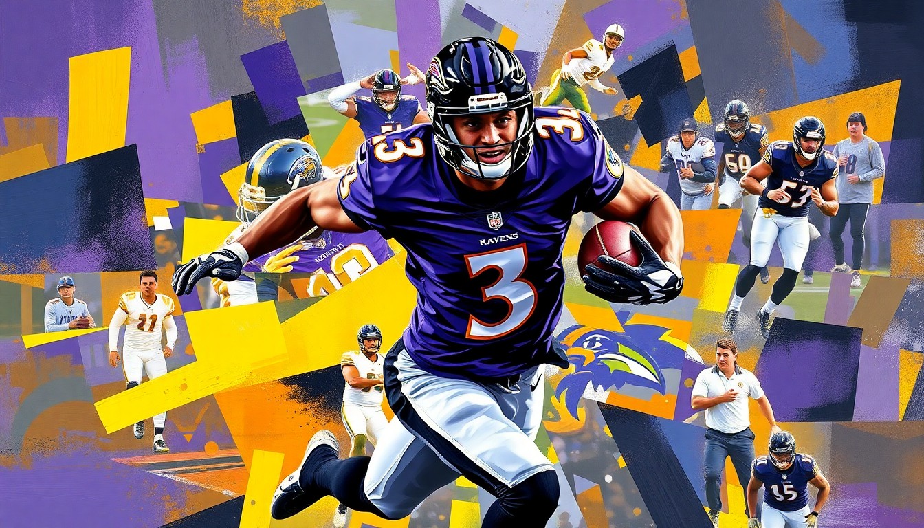A cubist, geometric painting depicting a football player in motion, broken down into overlapping planes of purple, black, and gold.