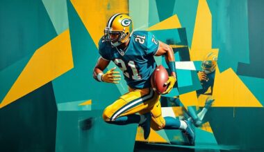 A cubist, geometric painting depicting a football player in mid-rush, with sharp, overlapping planes of teal, gold, and black, conceptually representing the Jaguars