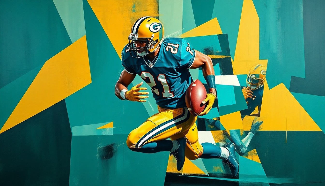 A cubist, geometric painting depicting a football player in mid-rush, with sharp, overlapping planes of teal, gold, and black, conceptually representing the Jaguars
