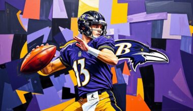 A fragmented, geometric painting in the style of Picasso, depicting a quarterback in motion with sharp, overlapping planes of color representing the Ravens