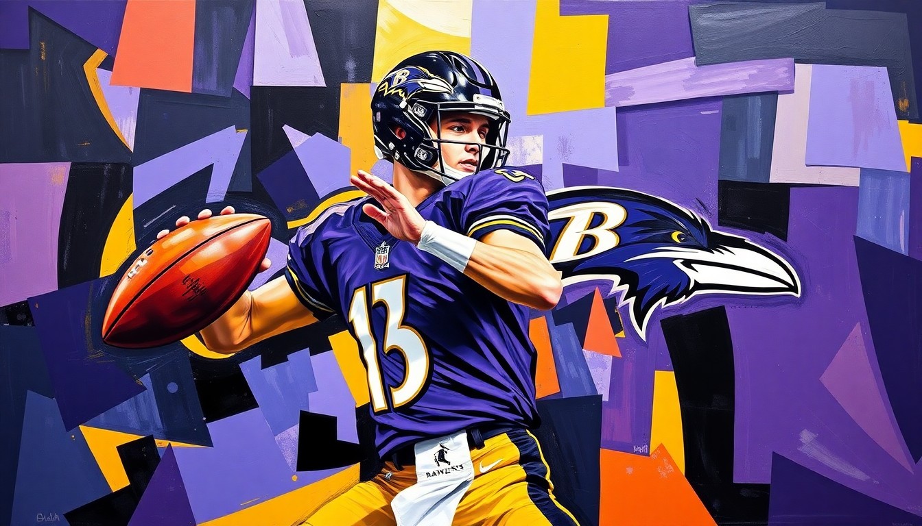 A fragmented, geometric painting in the style of Picasso, depicting a quarterback in motion with sharp, overlapping planes of color representing the Ravens