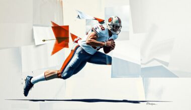 A cubist-style painting depicting a football player in mid-stride, their form broken down into sharp, overlapping geometric shapes in a range of blues, greens, and reds, conveying the dynamic and fragmented nature of the Dolphins