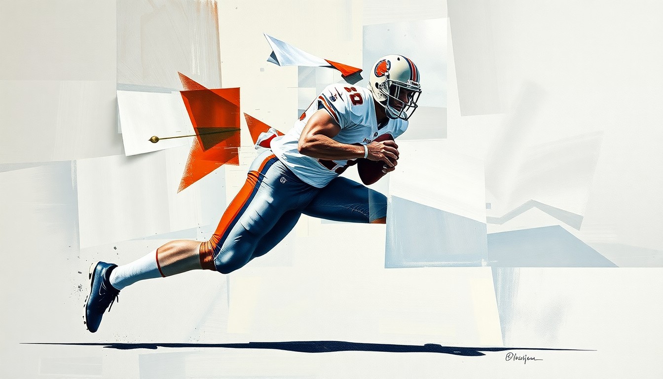 A cubist-style painting depicting a football player in mid-stride, their form broken down into sharp, overlapping geometric shapes in a range of blues, greens, and reds, conveying the dynamic and fragmented nature of the Dolphins