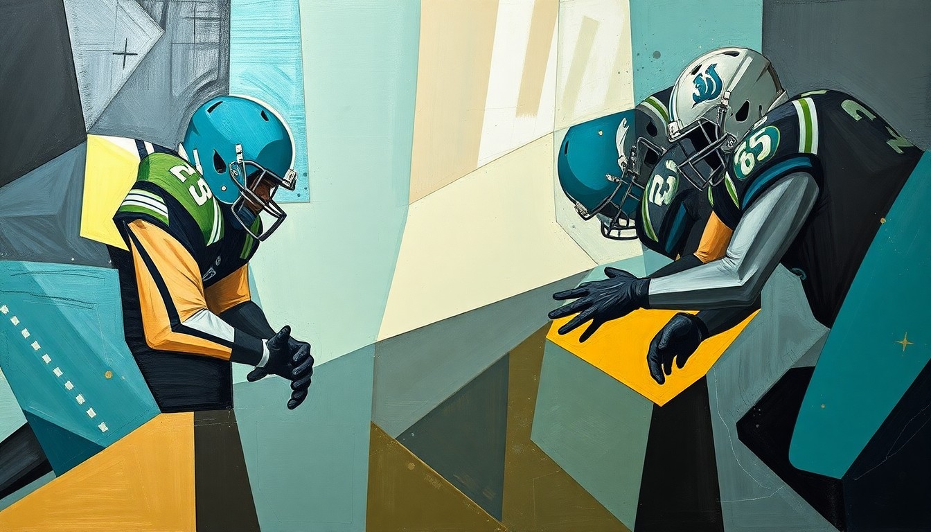 A cubist, geometric painting depicting the fragmented elements of a football offensive line, with sharp, overlapping planes in shades of teal, gold, and charcoal, conveying the uncertainty and complexity surrounding the Jaguars