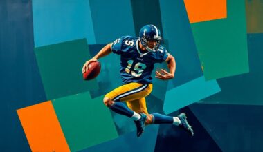 A fragmented, cubist-style painting depicting a football player in motion, broken down into sharp, overlapping geometric shapes in navy, green, and orange tones, conveying a sense of disruption and accountability.
