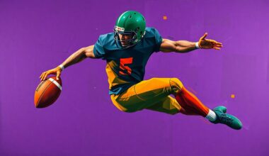 A fractured, geometric painting depicting a football player in mid-motion, their body broken down into sharp, overlapping planes of deep purple, forest green, and burnt orange, conveying the dynamic, multi-faceted nature of professional football defense.
