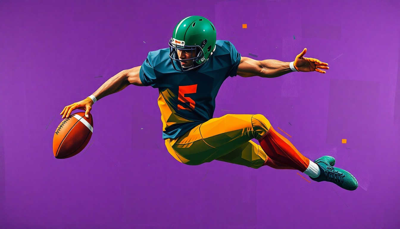 A fractured, geometric painting depicting a football player in mid-motion, their body broken down into sharp, overlapping planes of deep purple, forest green, and burnt orange, conveying the dynamic, multi-faceted nature of professional football defense.