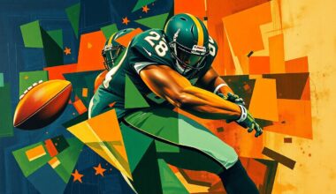 A fractured, geometric painting depicting the powerful movements and collisions of a defensive lineman, with sharp planes of navy, green, and orange conveying the raw energy of the sport.