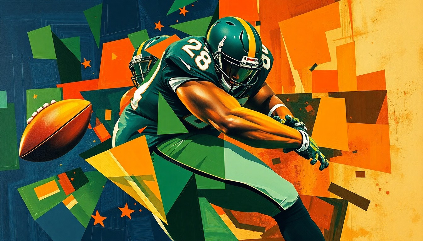 A fractured, geometric painting depicting the powerful movements and collisions of a defensive lineman, with sharp planes of navy, green, and orange conveying the raw energy of the sport.