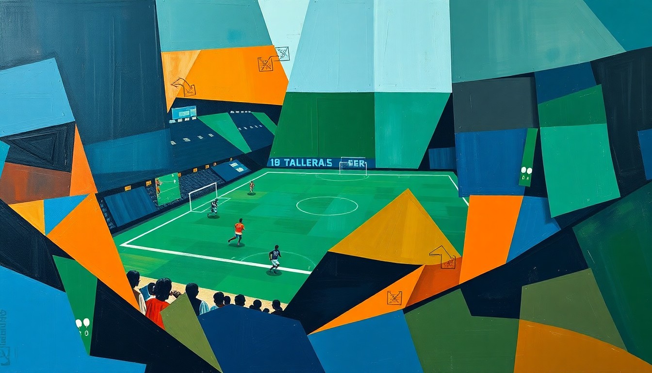 A cubist, geometric painting depicting a fragmented football game, with sharp planes of navy, green, and orange overlapping to create a sense of motion and energy without any identifiable players or teams.