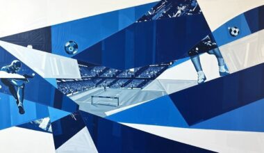 A cubist, geometric painting depicting a football player in motion, with the player