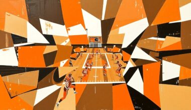 A fractured, geometric painting in browns, oranges, and whites, depicting the chaotic energy and multiple perspectives of an NFL draft process.