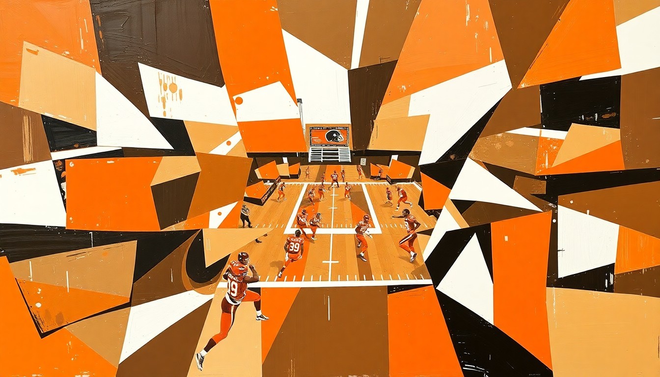 A fractured, geometric painting in browns, oranges, and whites, depicting the chaotic energy and multiple perspectives of an NFL draft process.