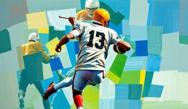 A cubist, geometric painting depicting a football player in motion, with sharp, overlapping planes of color and form capturing the dynamic energy of the sport.