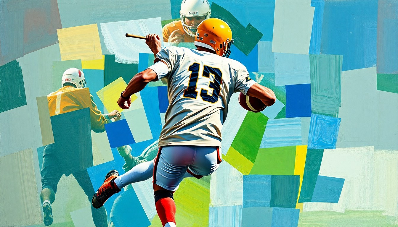 A cubist, geometric painting depicting a football player in motion, with sharp, overlapping planes of color and form capturing the dynamic energy of the sport.