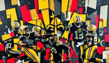 A cubist-style painting featuring overlapping geometric shapes and planes in dark navy, mustard yellow, and crimson red, representing the intensity and energy of the New Orleans Saints