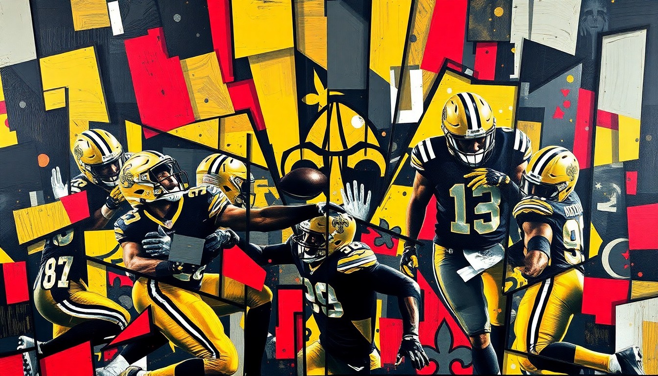 A cubist-style painting featuring overlapping geometric shapes and planes in dark navy, mustard yellow, and crimson red, representing the intensity and energy of the New Orleans Saints