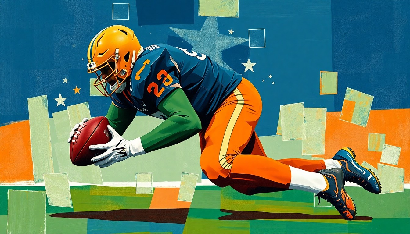 A fragmented, geometric painting depicting the dynamic motion of a linebacker making a tackle, with sharp planes of navy, green, and orange conveying the intensity of the sport.
