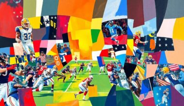 A cubist, geometric painting depicting a football game in progress, with sharp, overlapping planes of color representing the players and action on the field.