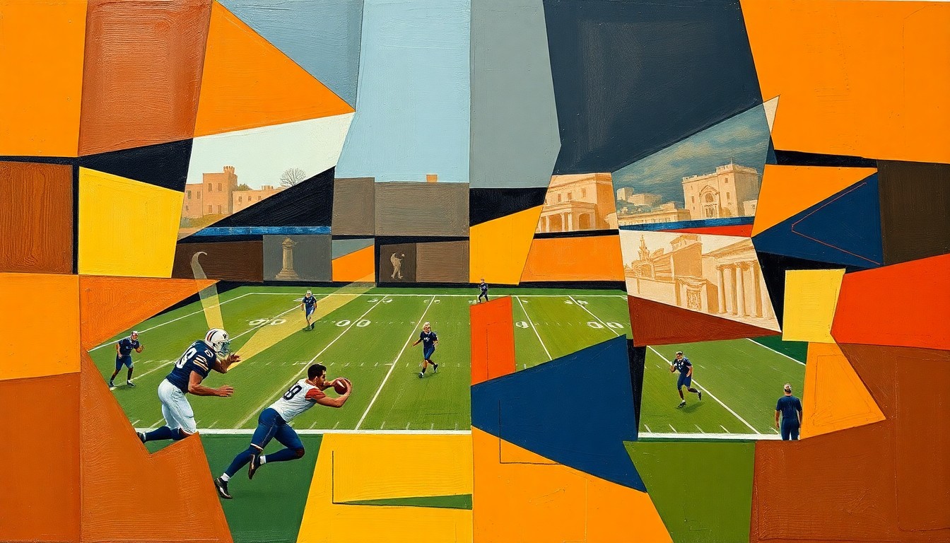 A cubist, geometric painting depicting fragmented and overlapping shapes representing football players and equipment, rendered in earthy tones of brown, orange, and navy blue to conceptually illustrate the Browns