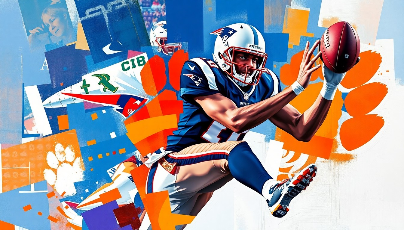 A fragmented, geometric painting depicting a football player in mid-catch, with sharp planes of color representing the Patriots