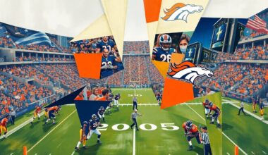 A cubist, geometric painting depicting fragmented and overlapping shapes representing a Denver Broncos football scene, capturing the complex strategic decisions facing the team