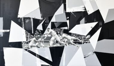 A fragmented, geometric painting depicting the dynamic action and energy of a football game, with sharp planes of black, white, and steel gray overlapping to create a sense of movement and intensity.