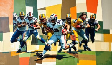 A cubist-style painting depicting a football running play broken down into sharp, overlapping geometric shapes and planes, conveying the dynamic and multifaceted nature of the Cardinals