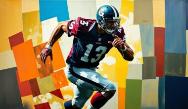 A fractured, cubist-style painting depicting the dynamic motion of a football player, with sharp geometric planes and an abstract, indistinct representation of the player