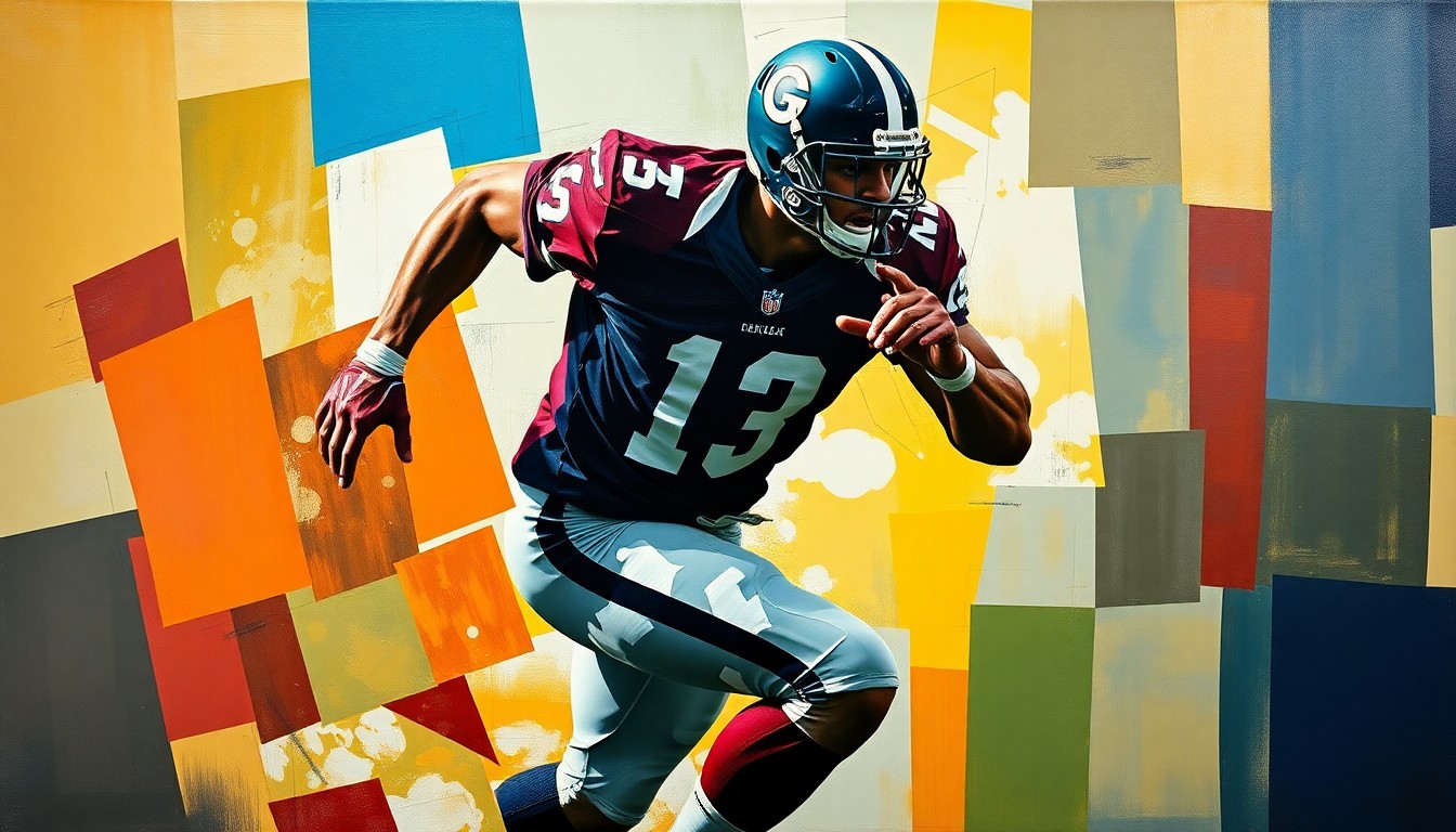 A fractured, cubist-style painting depicting the dynamic motion of a football player, with sharp geometric planes and an abstract, indistinct representation of the player