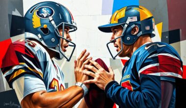 A cubist, geometric painting depicting an intense confrontation between an NFL quarterback and coach, their faces and bodies broken down into fragmented, overlapping shapes and planes.