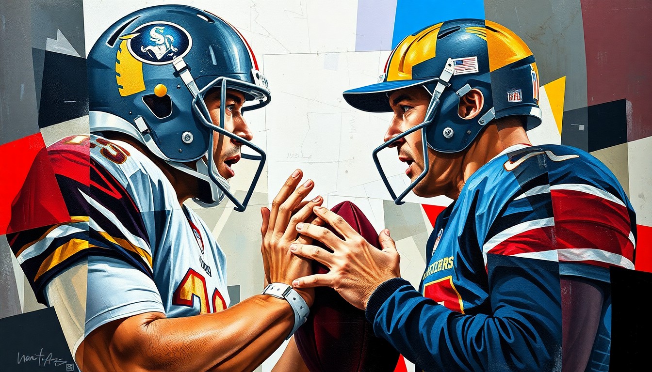 A cubist, geometric painting depicting an intense confrontation between an NFL quarterback and coach, their faces and bodies broken down into fragmented, overlapping shapes and planes.