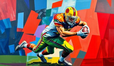 A cubist-style painting depicting a football player making a tackle, broken down into sharp, overlapping geometric shapes in vibrant colors, capturing the raw energy and movement of the sport.
