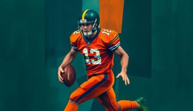 A fragmented, geometric painting depicting a football player in motion, with sharp, overlapping planes of navy, green, and orange, conveying the dynamic transition the Ravens are undergoing.